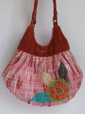 Artisan Hand-Crafted Pink Boucle Tweed & Velvet & Yarn Art Applique  Hobo Bag